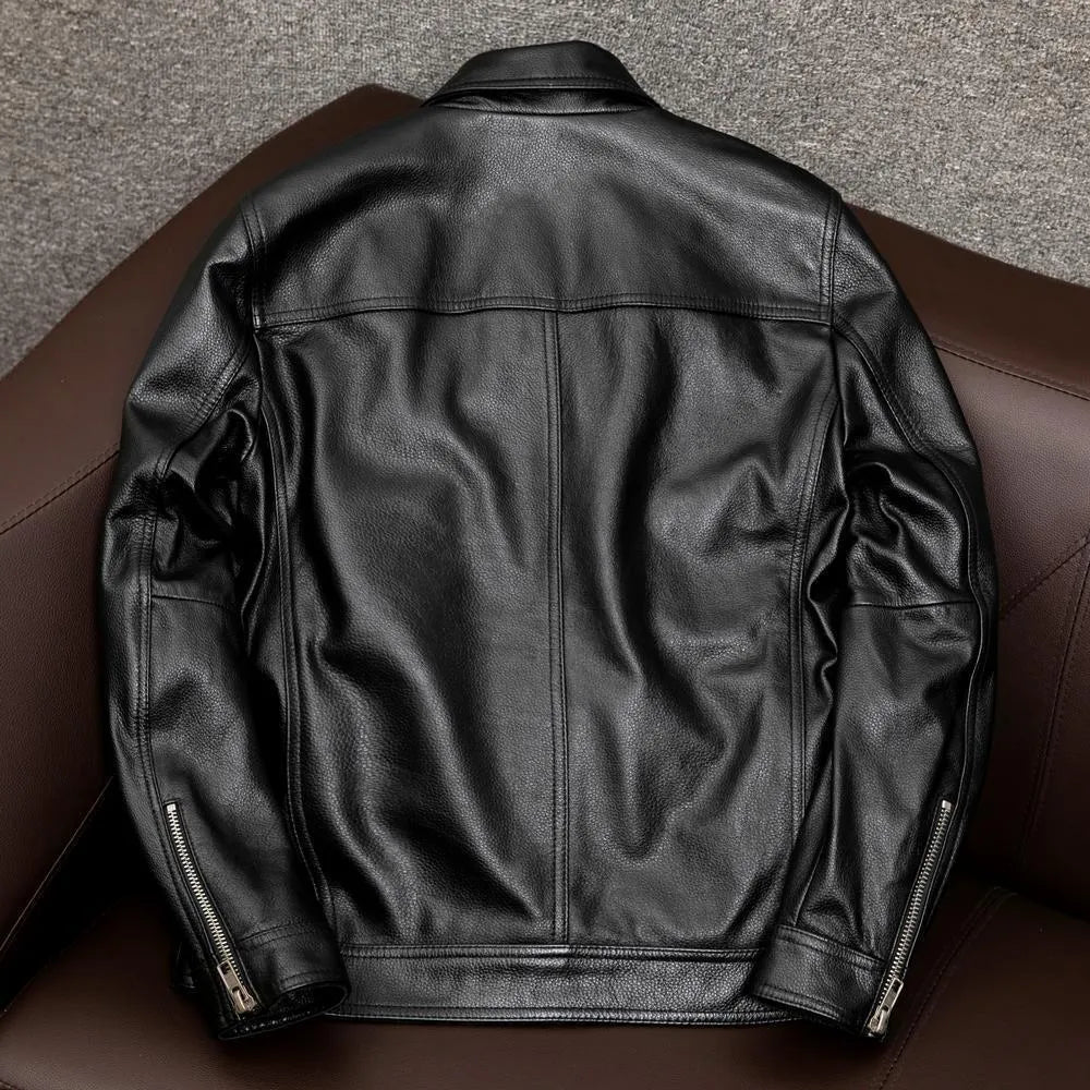 Men's black PU leather jacket with lapel collar and side pockets