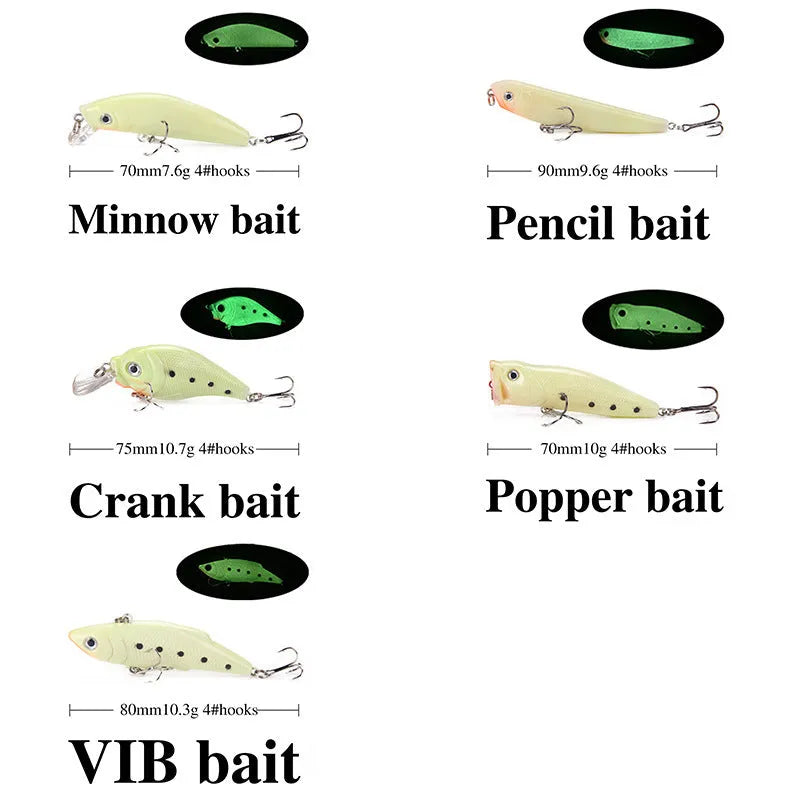 Set of five 3D fluorescent hard bait fishing lures with luminous glow design.