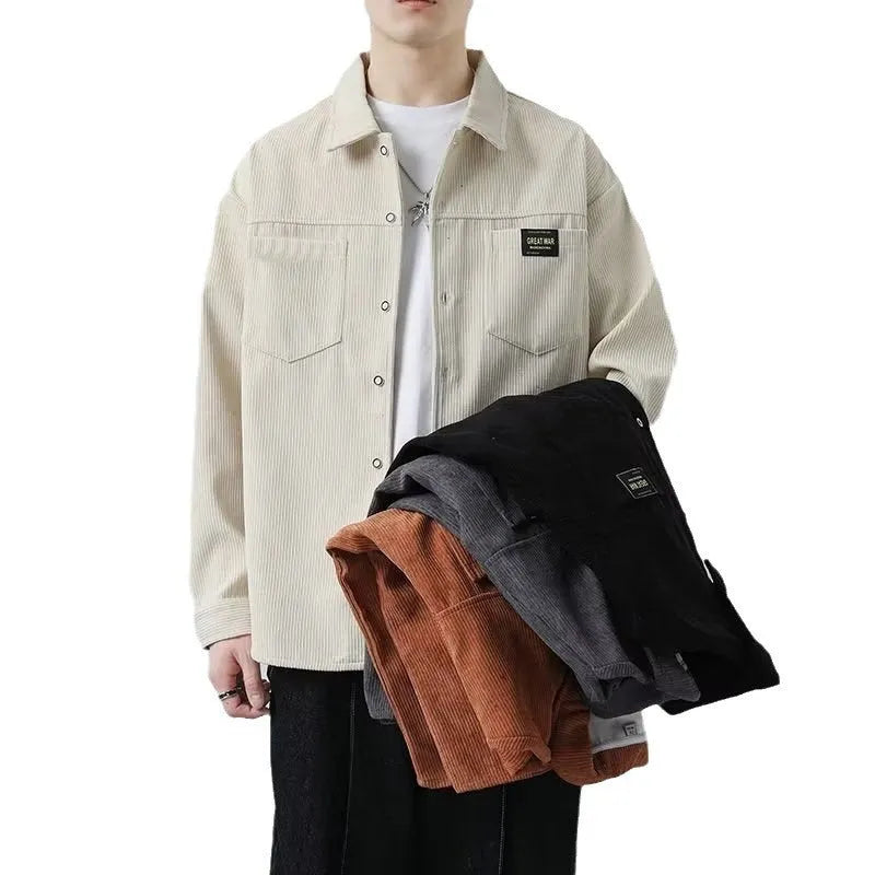 Men's corduroy cardigan style jacket in black, dark grey, khaki, or orange, with long sleeves and ribbed texture.