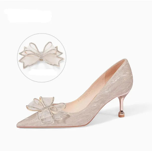 Women's champagne sequined stiletto heels with crystal decoration and pointed toe