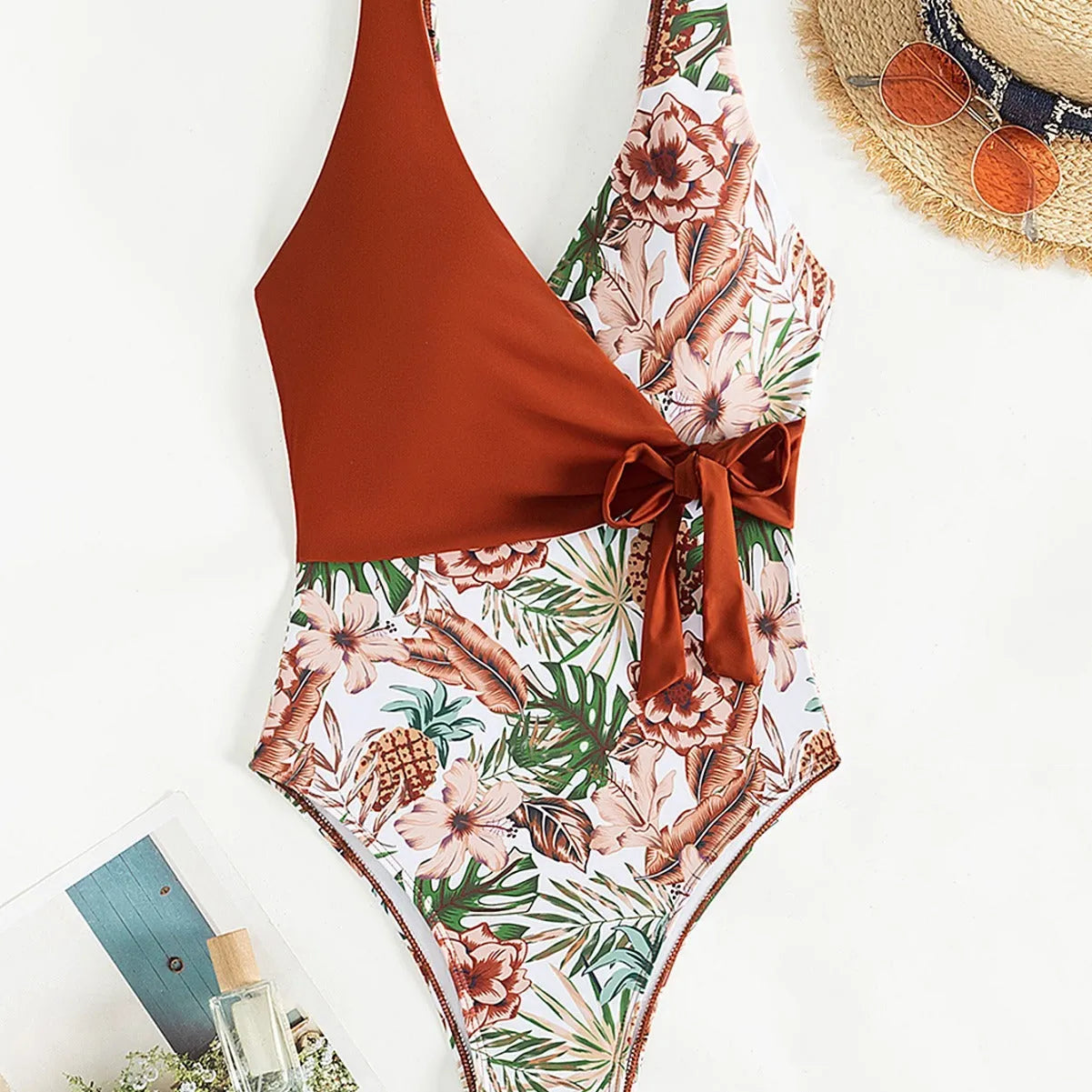 Women's one-piece bikini in European and American tropical plants multicolor print, polyester and spandex, available in S to XL