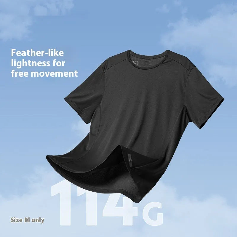 Men's thin polyester running T-shirt in classic black, shown on a size chart.