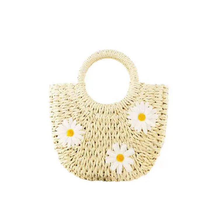 Women's straw-weaved crossbody bag with daisy flower decoration measuring 25cm