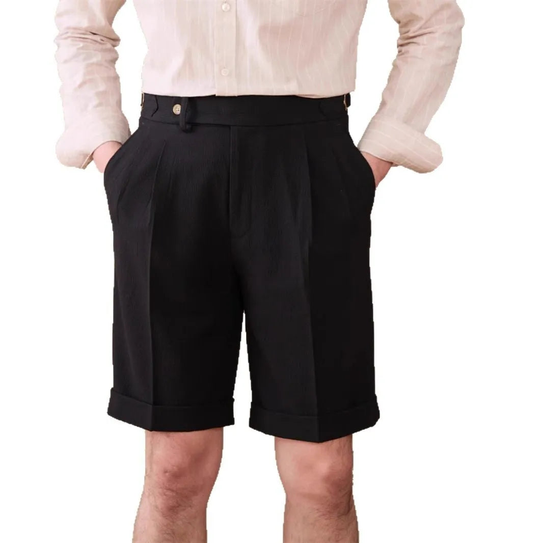 Men's straight-leg polyester shorts in British style showing colour options including apricot, navy blue, and white