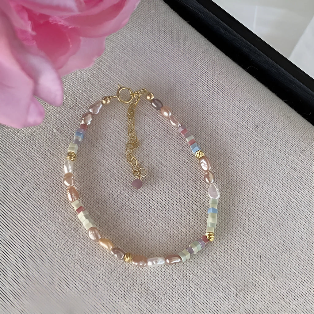 Purple gold U-shaped bracelet with natural silver pearls and matching necklace