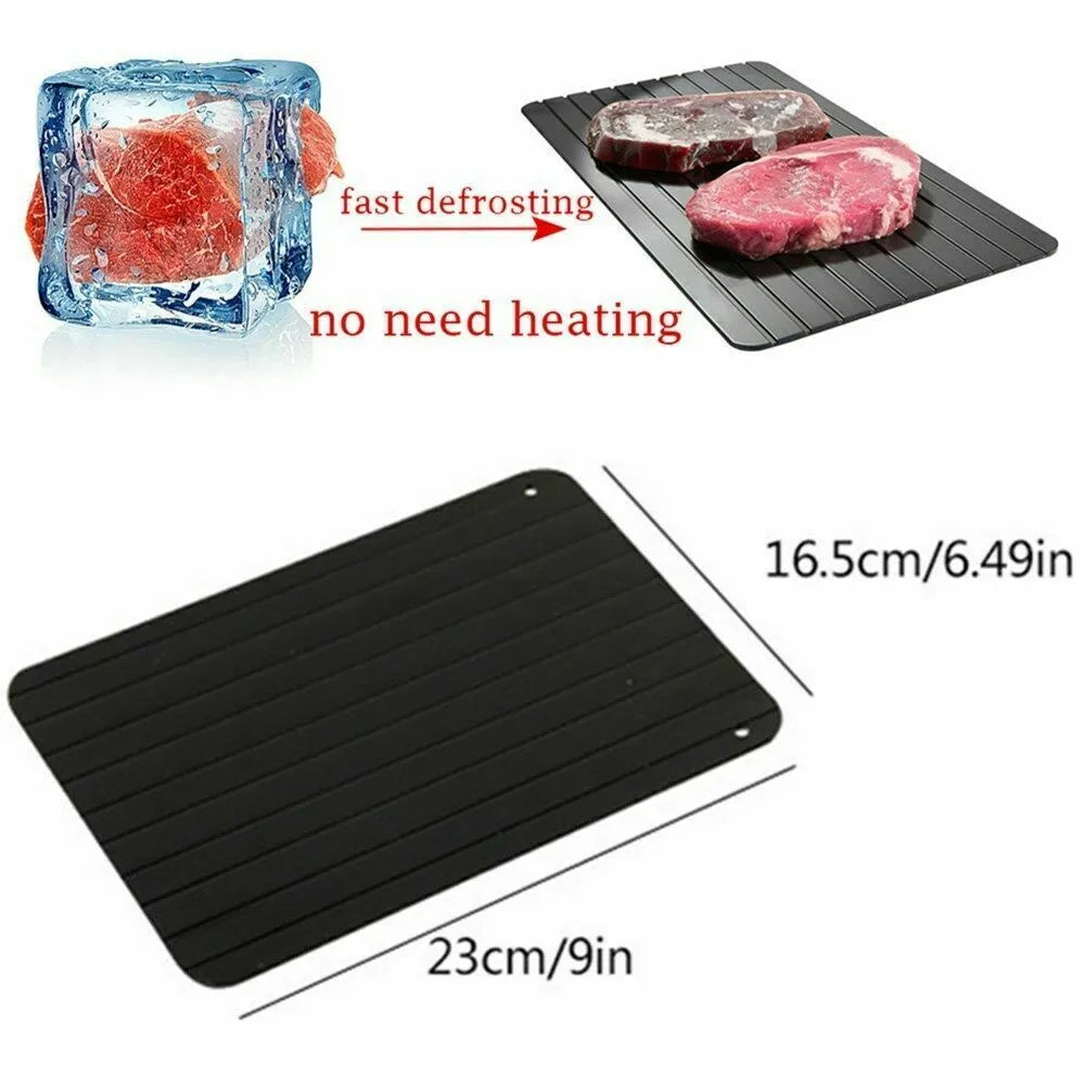 Black rectangular aluminium fast defrost tray for thawing frozen meat and food