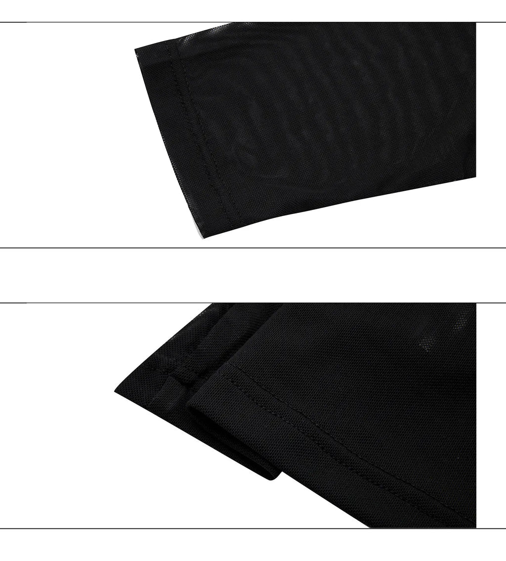 Niche Mesh Ice-feeling Slim Bottoming Shirt in black, showing long sleeves and slim fit on man.