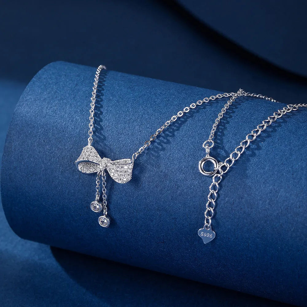 S925 sterling silver bow pendant necklace with O-ring chain, silver colour, 40-45cm length