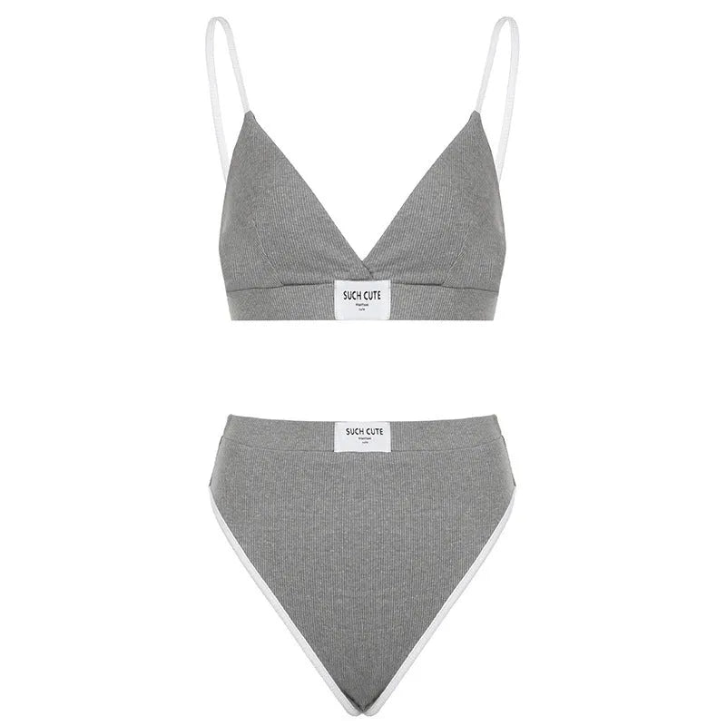 Women's grey embroidery contrast colour binding letters bikini set with sleeveless top and shorts