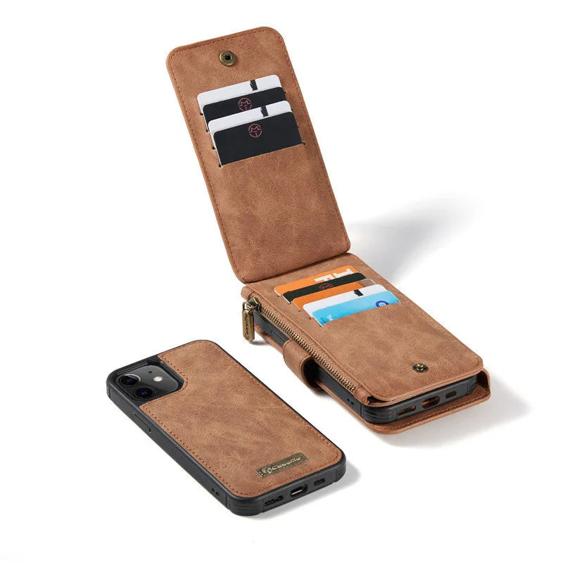 Imitation leather split flip phone case in black, brown, and red for Apple iPhone with card slots
