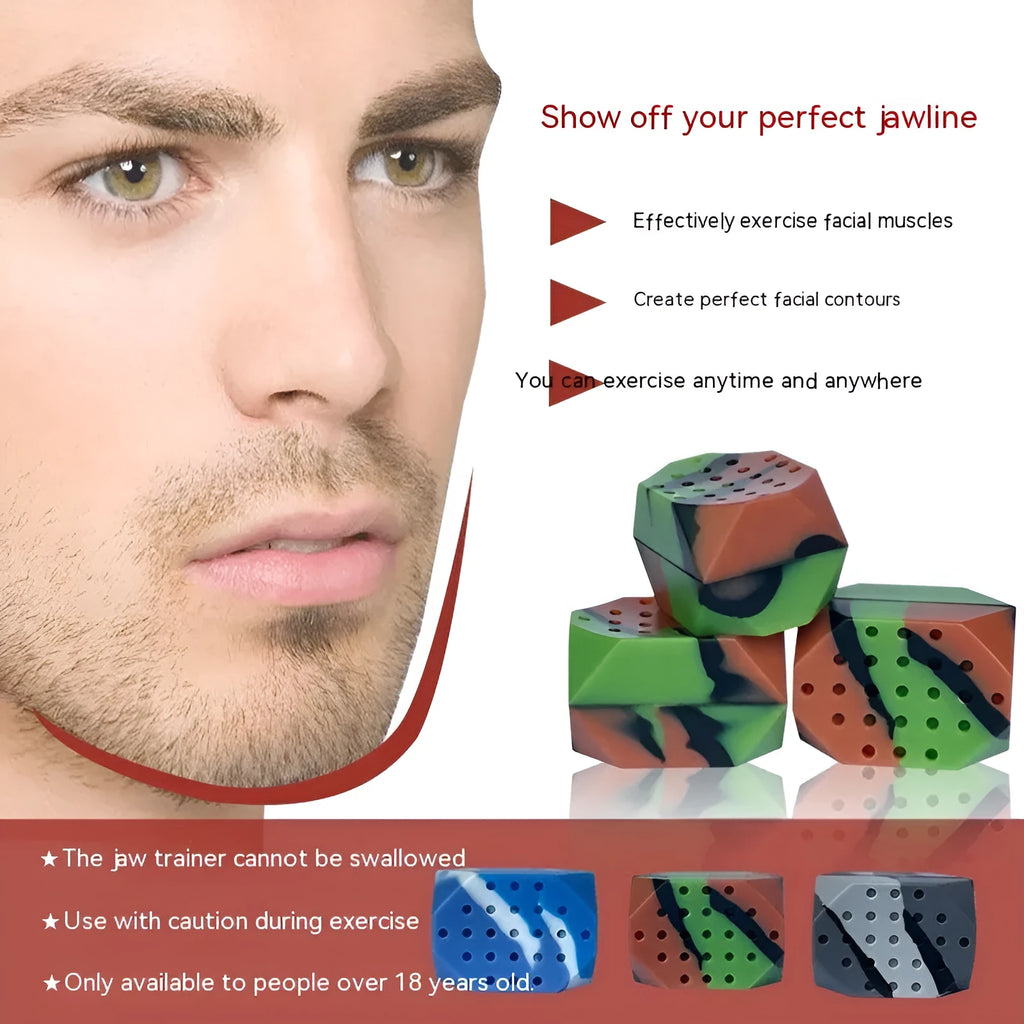 Two silicone camouflage-style facial muscle fitness balls for jaw training in transparent boxes.
