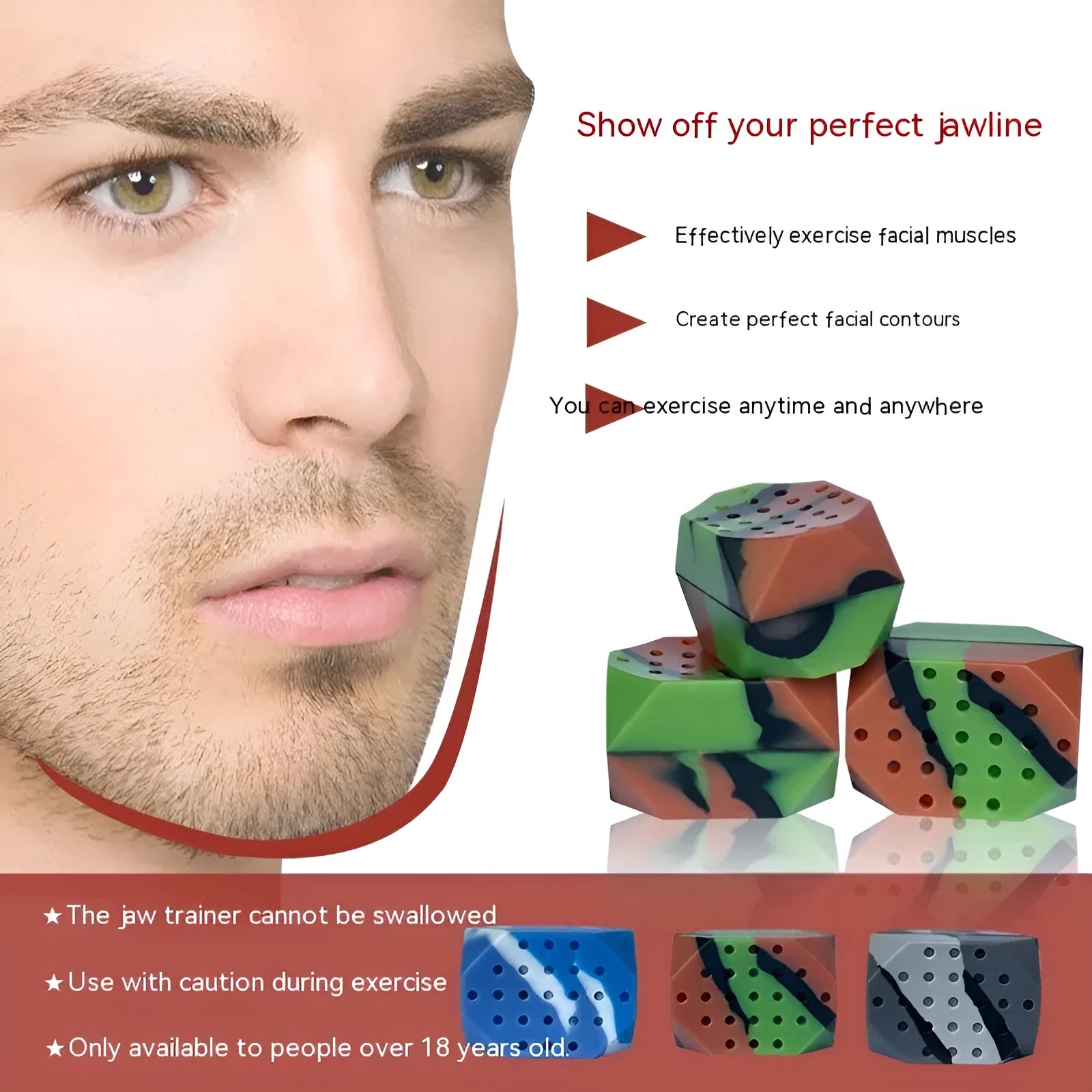 Two silicone camouflage-style facial muscle fitness balls for jaw training in transparent boxes.