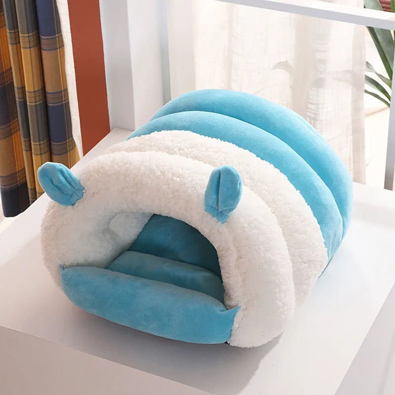 Closed washable cat nest with removable cushion in blue, pink, or purple colour
