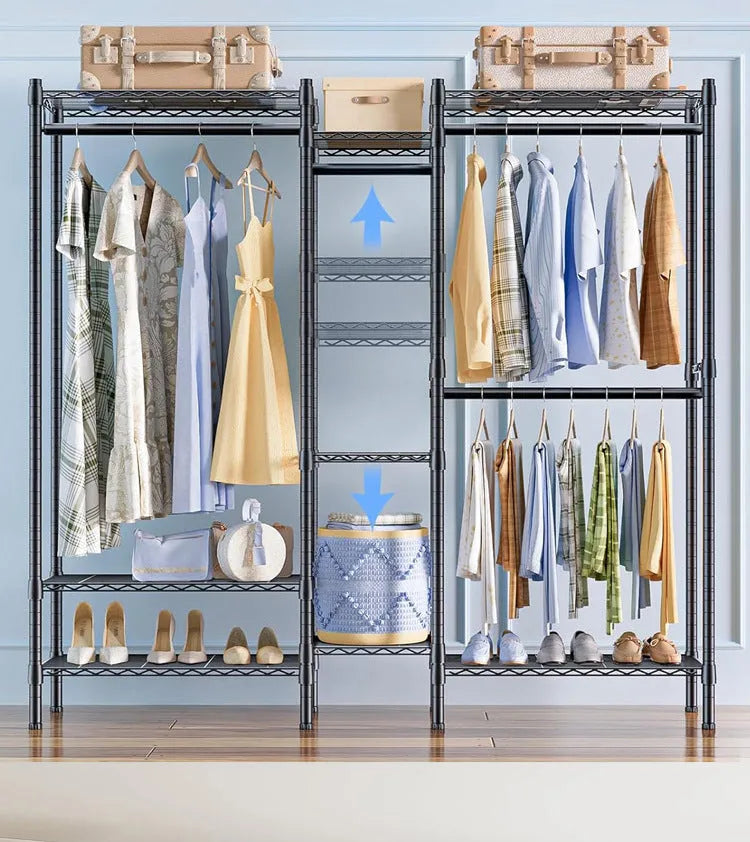 Black metal household storage rack for hangers, trousers and ties measuring 175cm high