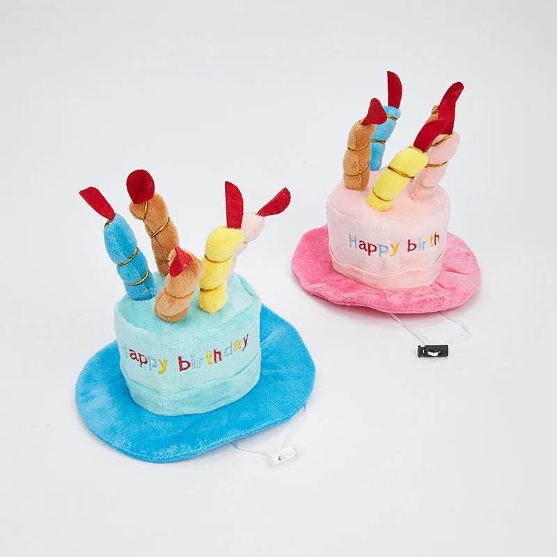 Blue adjustable dog birthday hat on small dog with measurements showing 21cm length 15cm width
