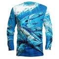 Men's long-sleeved grey pullover with a detailed all-over fish print design, round neck.