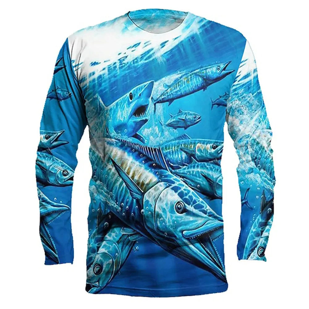 Men's long-sleeved grey pullover with a detailed all-over fish print design, round neck.