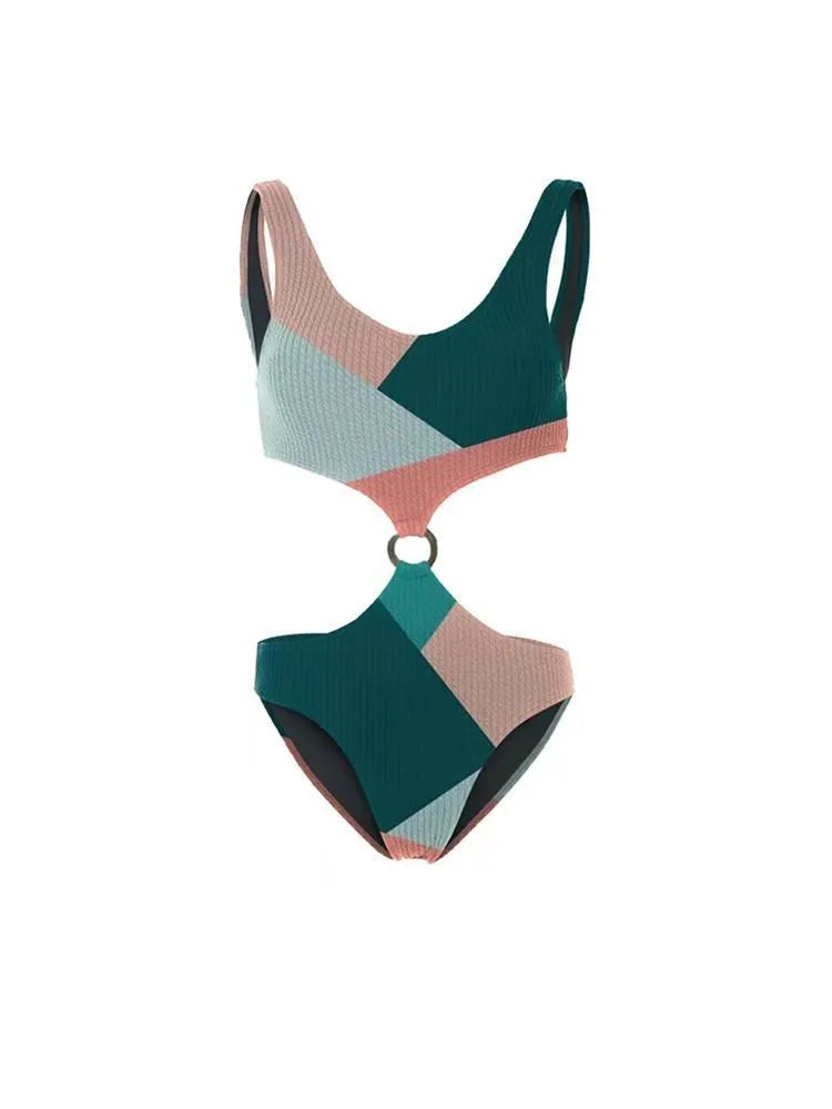 Contrast colour two-piece bikini with matching mesh gauze skirt on a model.