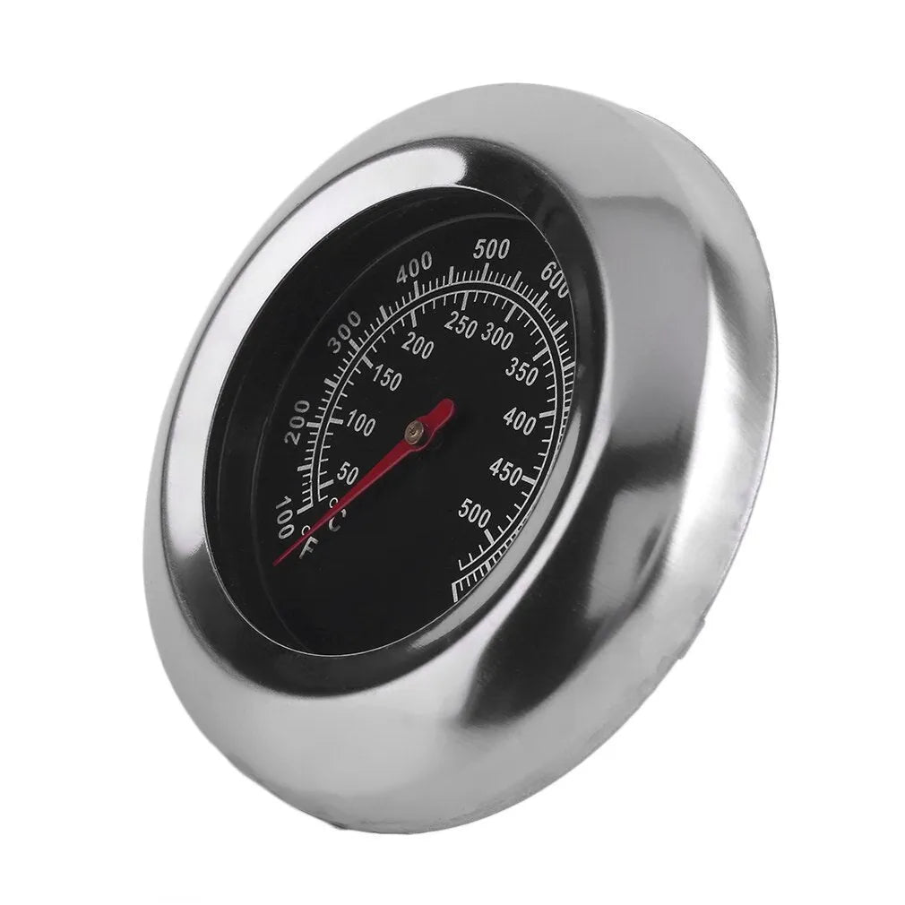 Stainless steel metal thermometer with 76mm round dial and 6x39mm probe on white background
