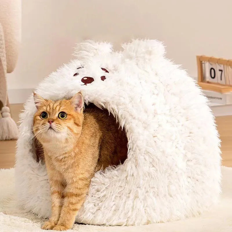 Semi-enclosed yurt-style cat litter kennel tent with plush fleece cover in a home setting.