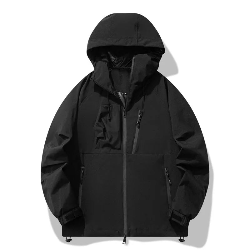 Men's three-proof outdoor windproof waterproof jacket in polyester with zippered pockets, solid colour, black