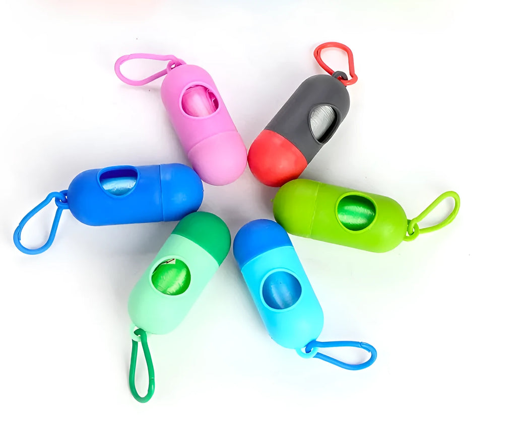 Five individually bagged rolls of 22.5x30 cm dog waste bags in assorted colours