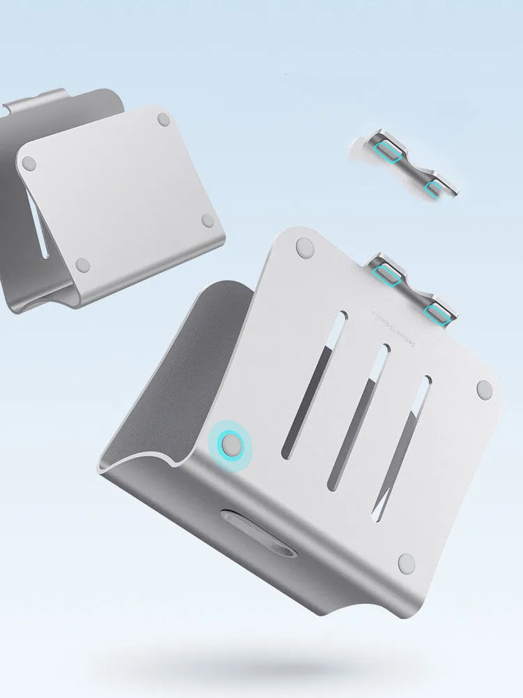 Aluminium alloy notebook cooling stand in silver or grey with rotary adjustment.