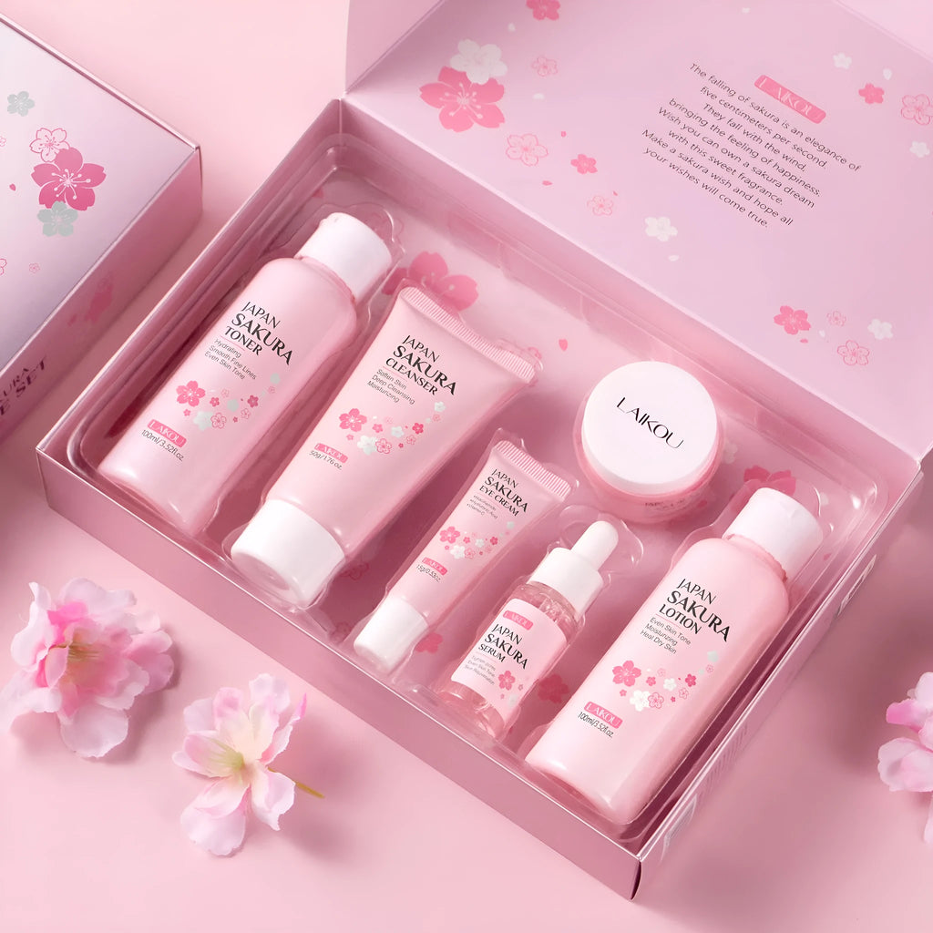 Cherry Blossom 6-piece skincare set with cleanser, toner, cream, serum, and eye cream.