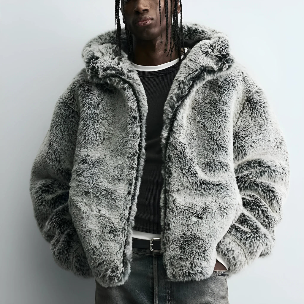 Grey green hooded faux fur jacket coat for men with side pockets and tie-dye pattern