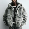 Grey green hooded faux fur jacket coat for men with side pockets and tie-dye pattern