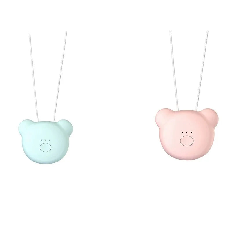 Mini USB rechargeable air purifier necklace in blue, shown with charging cable.