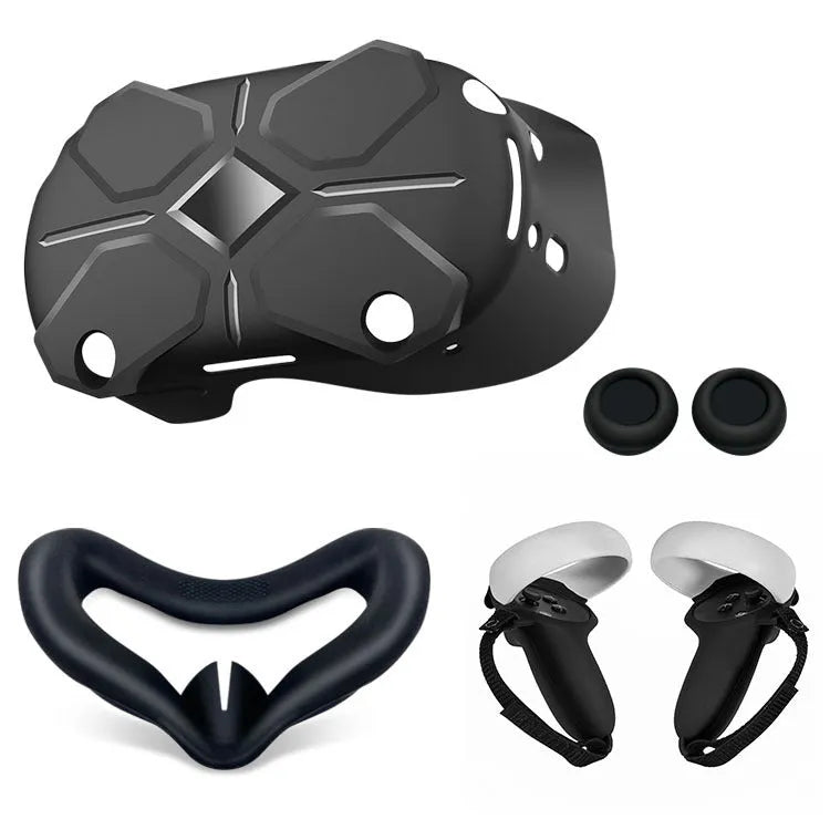 Black silicone glasses accessories set with temple sleeves, handle grips, and eye mask
