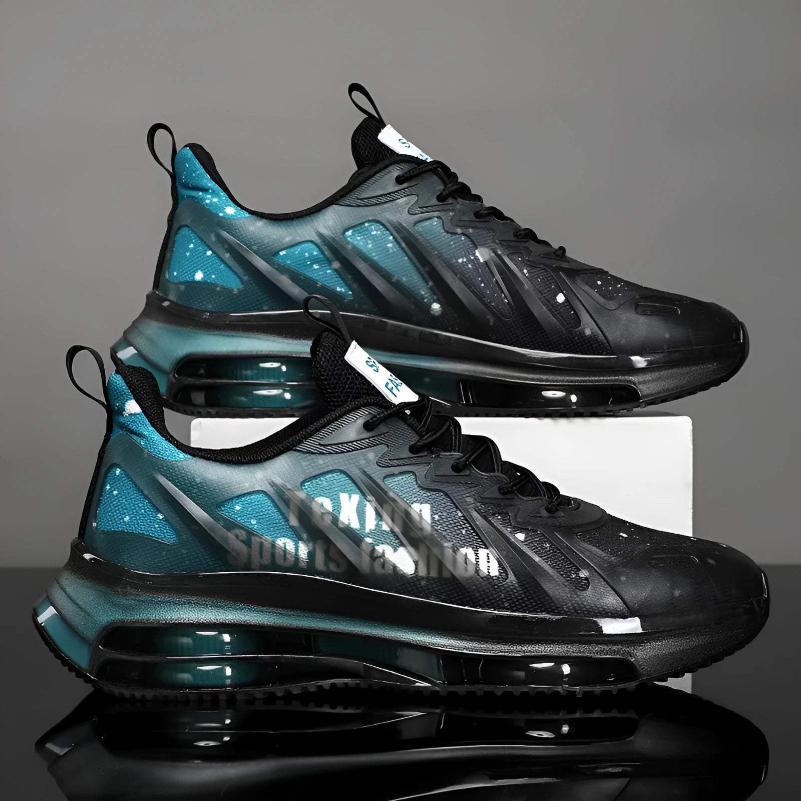 Men's black and green mesh platform sneakers with rubber sole and front lace-up design