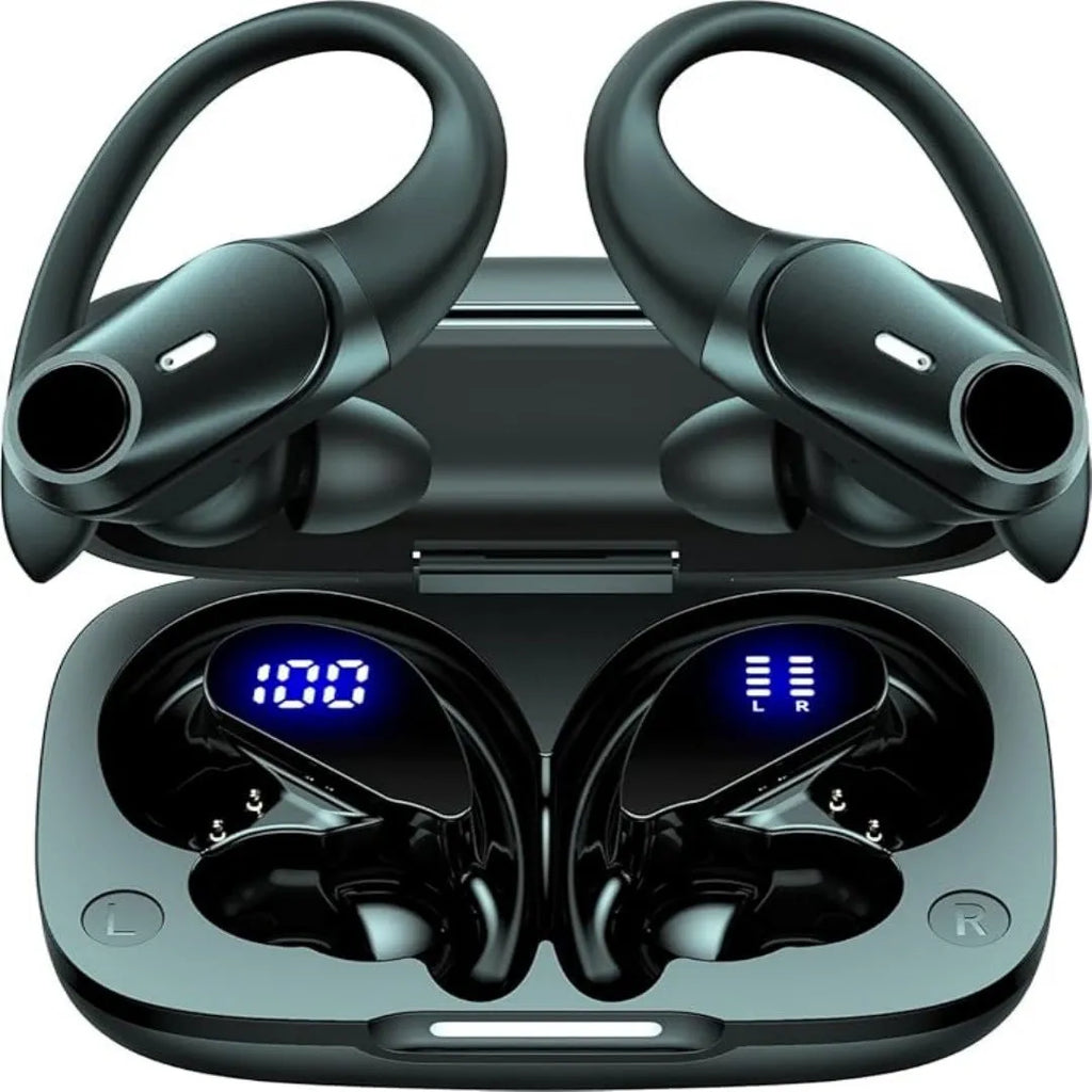 Black wireless Bluetooth headphones with ear hook silicone design and digital display