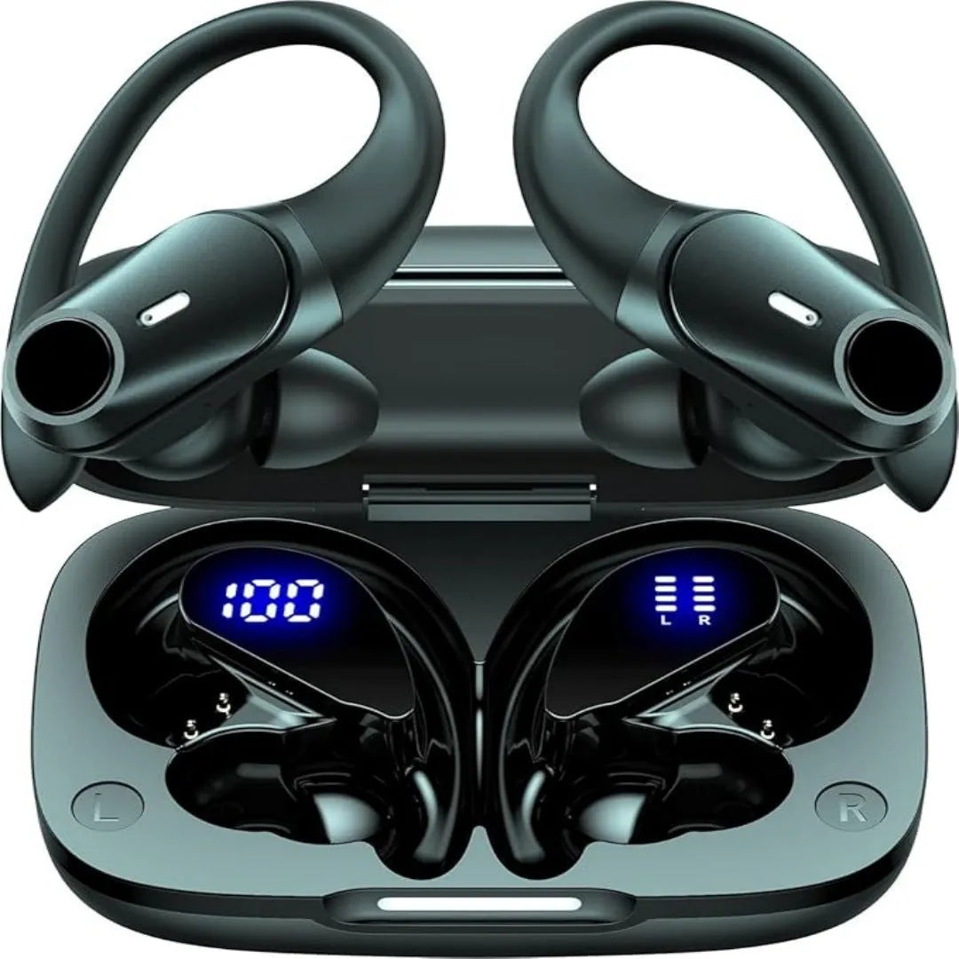 Black wireless Bluetooth headphones with ear hook silicone design and digital display