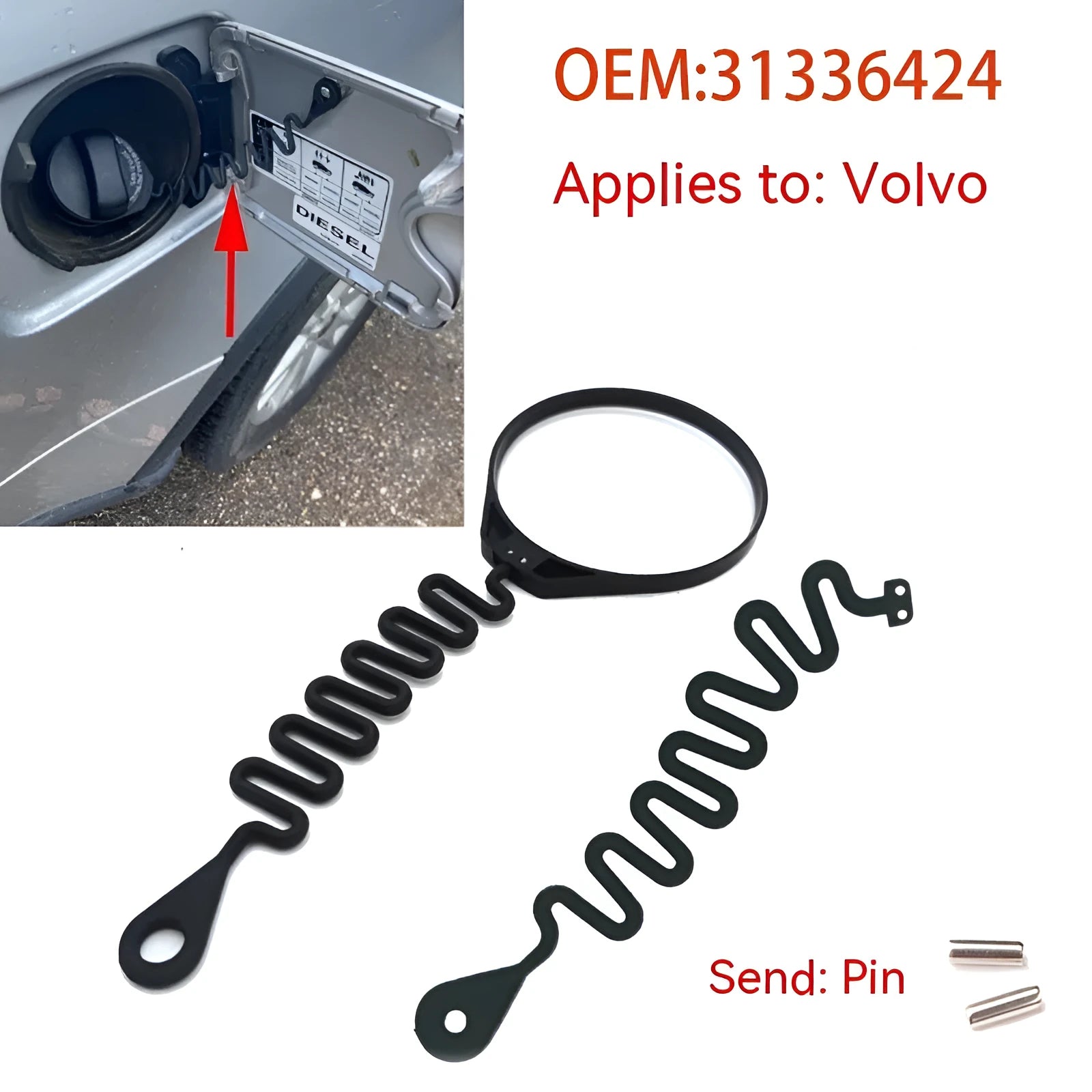 Black rubber fuel cap tether for Volvo vehicles shown in circular band and separate rope styles.