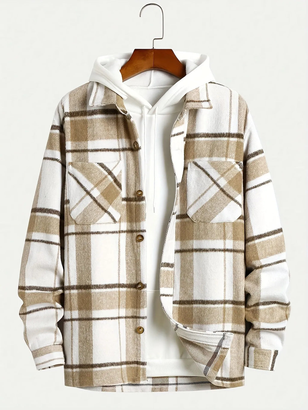 Men's plaid cardigan shirt, long sleeve, loose fit, dark khaki cloth colour, spandex fabric, sizes S-XXL