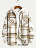 Men's plaid cardigan shirt, long sleeve, loose fit, dark khaki cloth colour, spandex fabric, sizes S-XXL