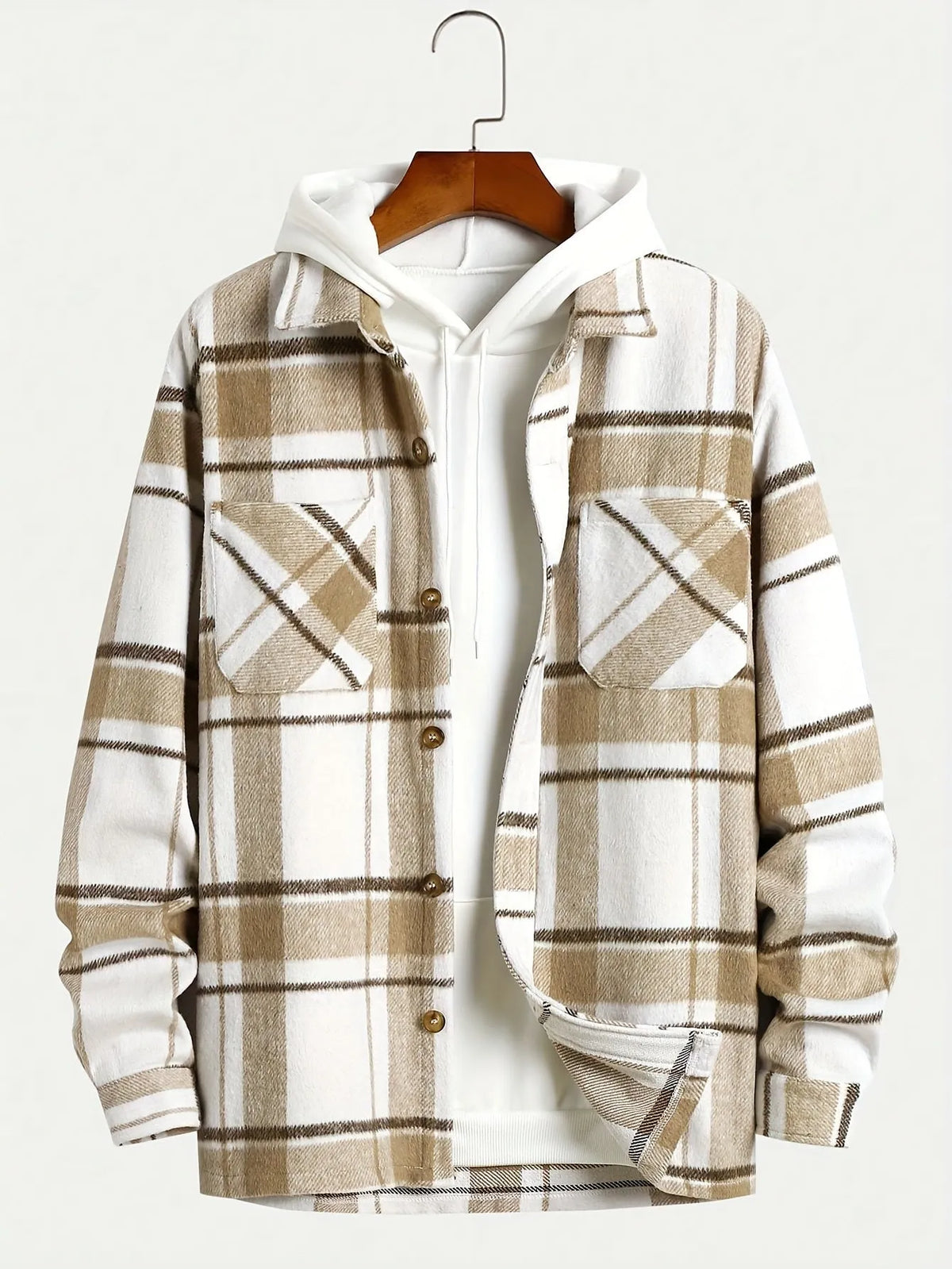 Men's plaid cardigan shirt, long sleeve, loose fit, dark khaki cloth colour, spandex fabric, sizes S-XXL