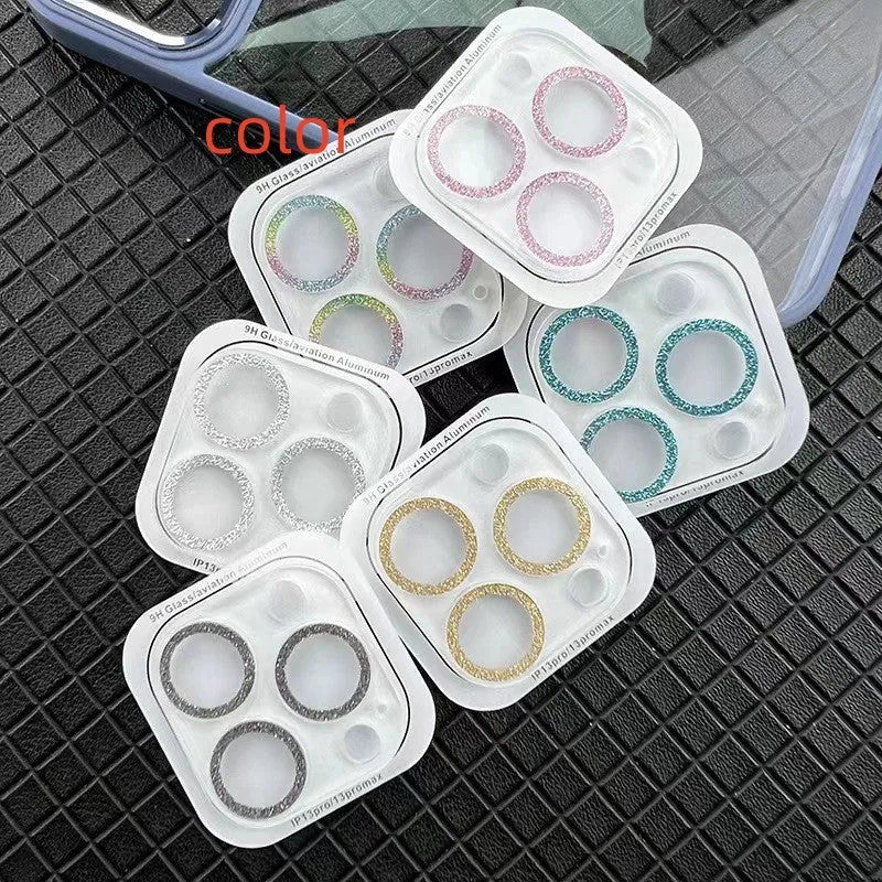 Integrated glitter tempered glass lens protector for Apple iPhone with rhinestone finish, available in multiple colours