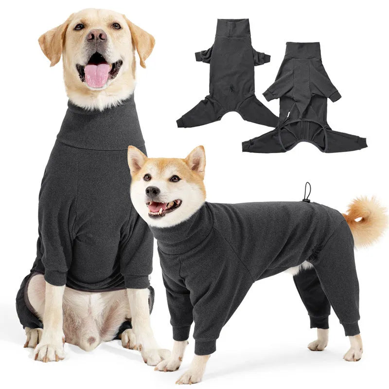 Dark grey polar fleece dog coat with high collar and four-legged design for winter warmth