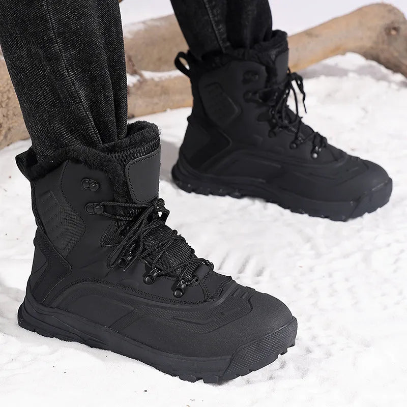 Men's black high-top fleece-lined boots with lace-up front, shown on a white background