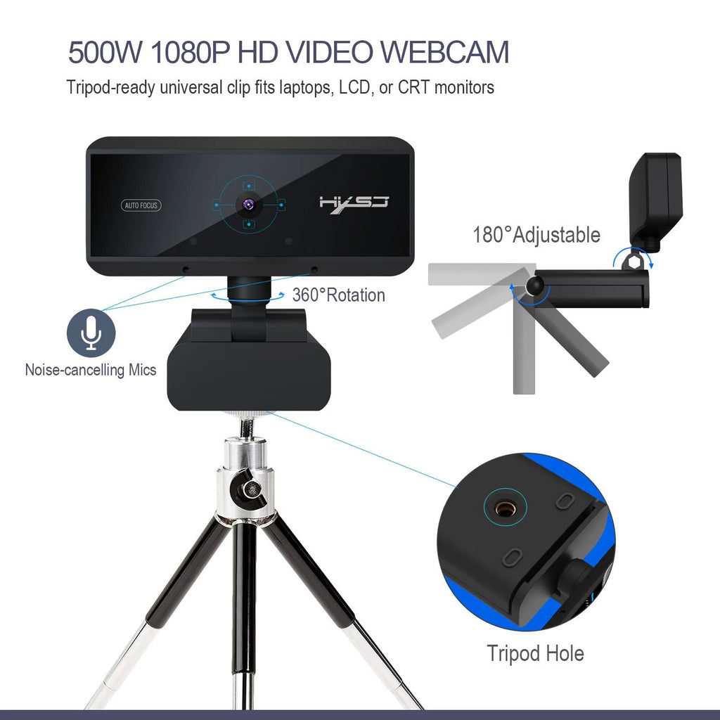 Black USB desktop video camera with 5MP CMOS sensor, autofocus, 2592x1944 resolution, 1.7m cable