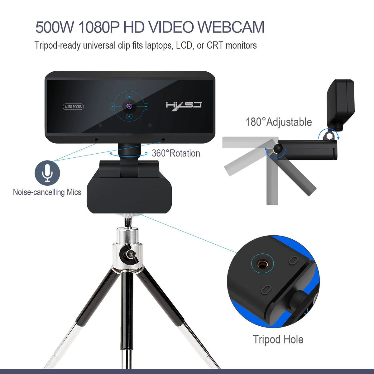 Black USB desktop video camera with 5MP CMOS sensor, autofocus, 2592x1944 resolution, 1.7m cable