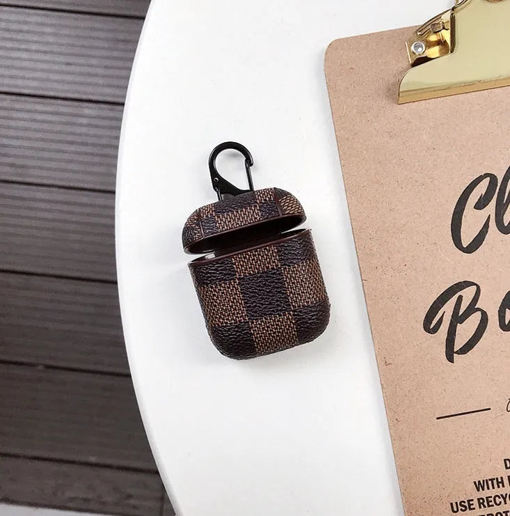 iPhone XS Max leather case with anti-lost hook for Bluetooth headset in grid pattern design
