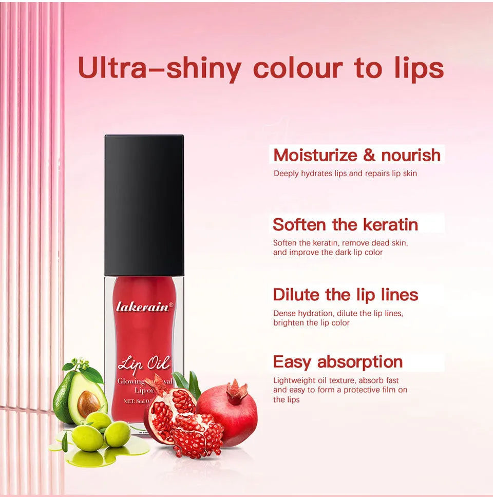 8ml lip oil in seven colour options: coral, clear, honey, jam, pink, red and rose