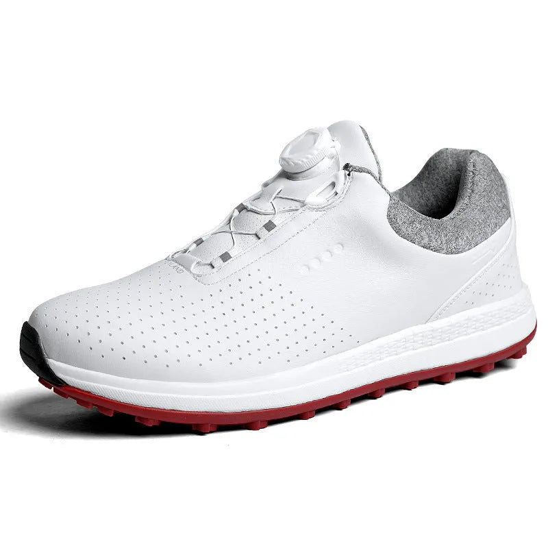 Men's white and black breathable golf shoes with non-slip broken nail sole and round toe.