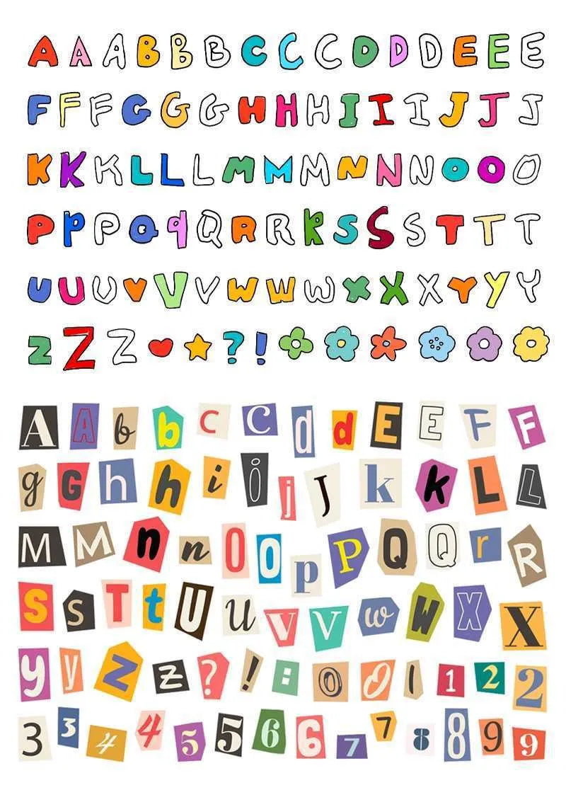 Set of cute style decorative stickers showing English letters, numbers, symbols, and weekly words.