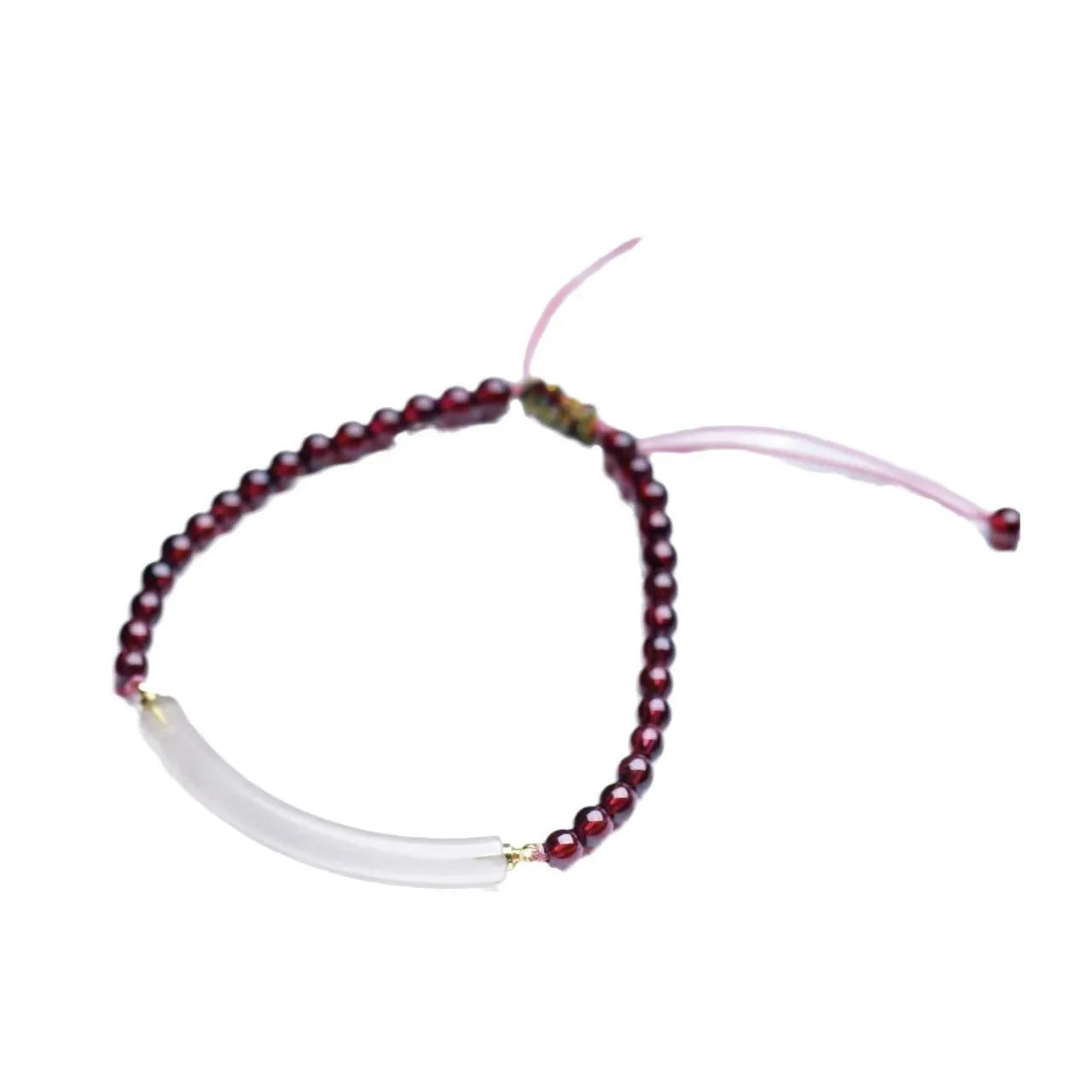 Adjustable red garnet and agate beaded bracelet with pull bead closure on wrist