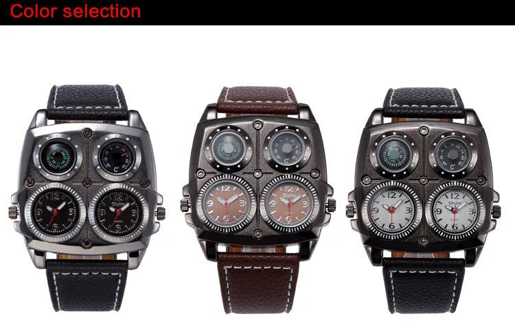 Men's quartz watch with 49mm square alloy case, imitation leather strap, and luminous compass GMT thermometer functions